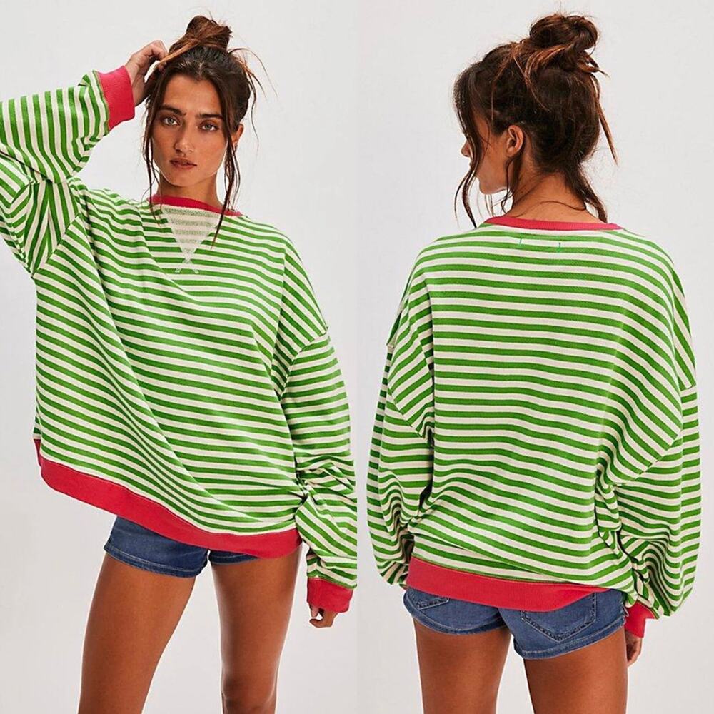 Free People Classic Striped Oversized Crewneck in Green Combo Size‎ Small